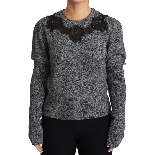 Gray Lace Trimmed Pullover Cashmere Sweater