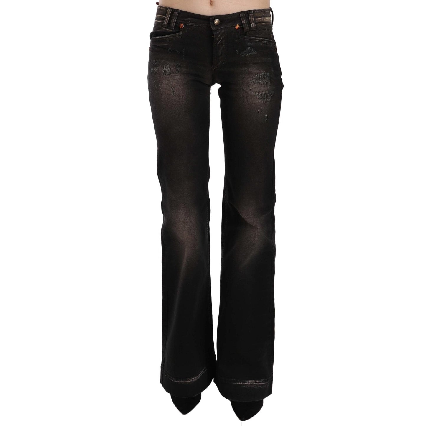 Brown Washed Ripped Low Waist Boot Cut Denim Jeans