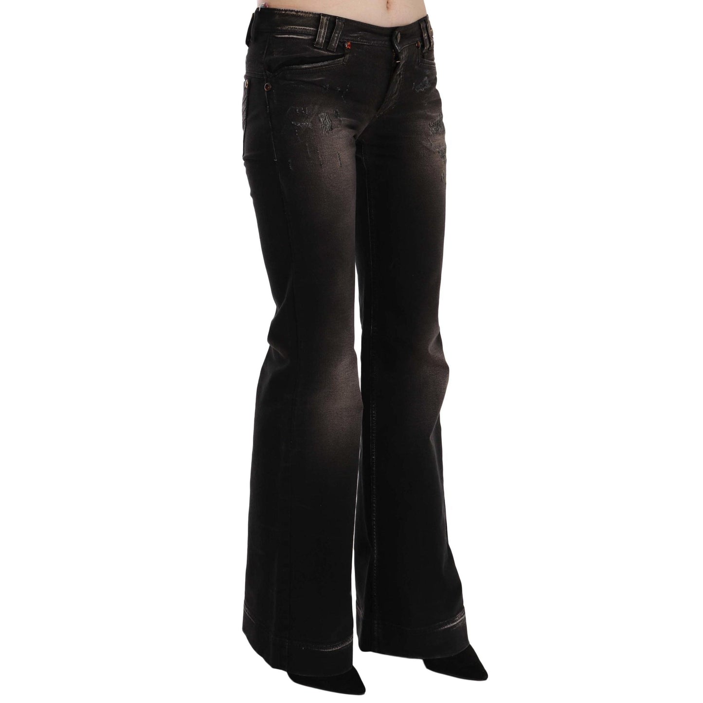 Brown Washed Ripped Low Waist Boot Cut Denim Jeans