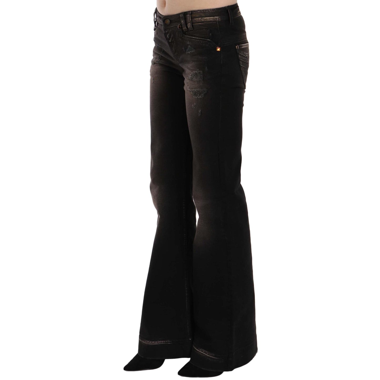 Brown Washed Ripped Low Waist Boot Cut Denim Jeans