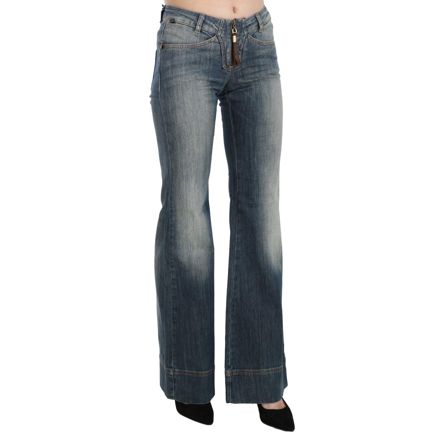 Blue Washed Mid Waist Boot Cut Denim Pants Jeans