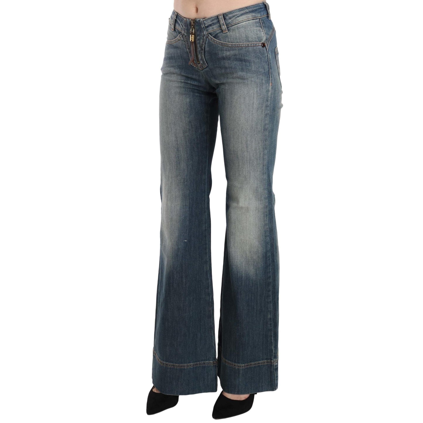 Blue Washed Mid Waist Boot Cut Denim Pants Jeans