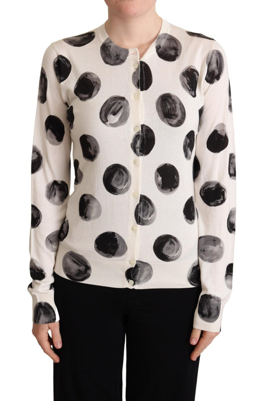 White Black Polka Dots Silk Cardigan Sweater