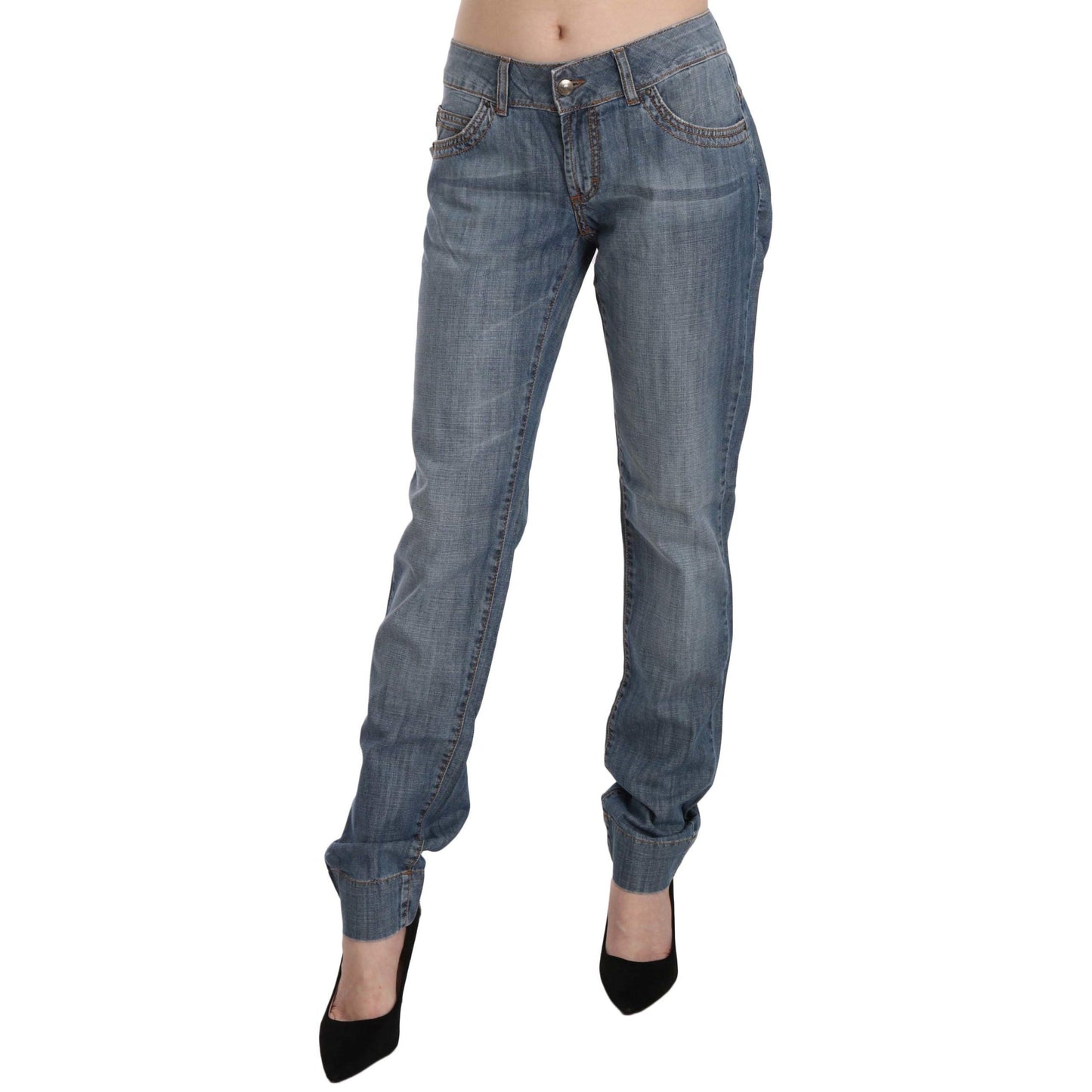 Blue Washed Cotton Low Waist Slim Fit Denim Pants