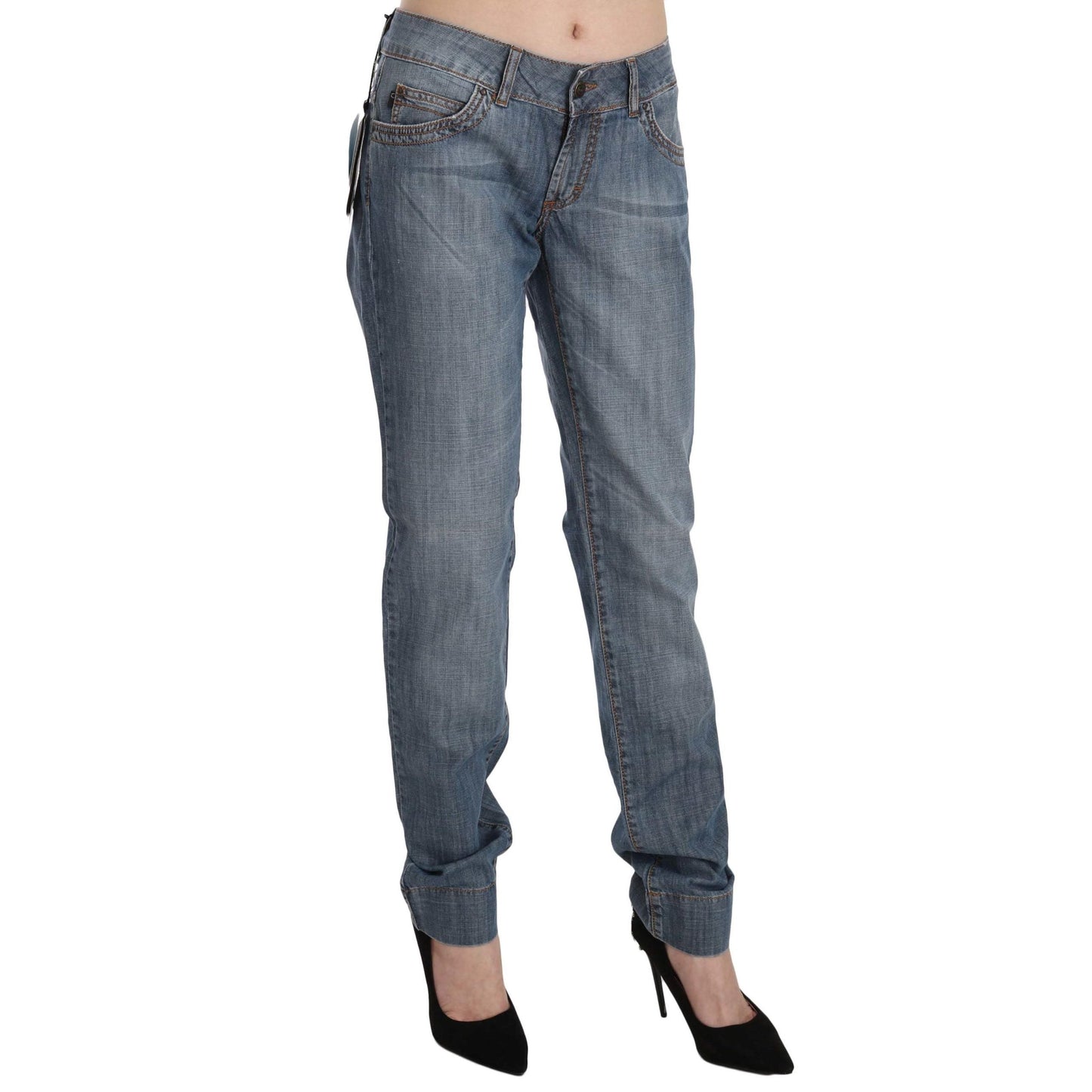 Blue Washed Cotton Low Waist Slim Fit Denim Pants