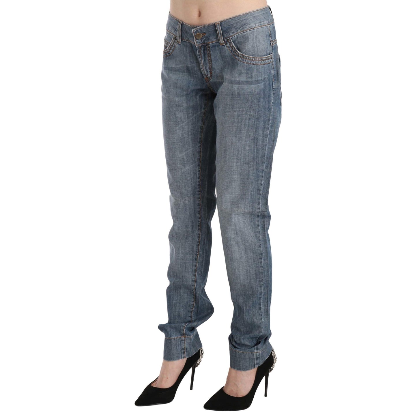 Blue Washed Cotton Low Waist Slim Fit Denim Pants