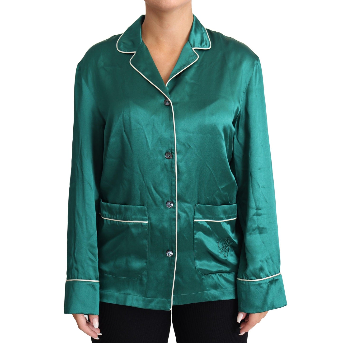 Green Pyjama Blouse Silk Lounge Sleepwear Top