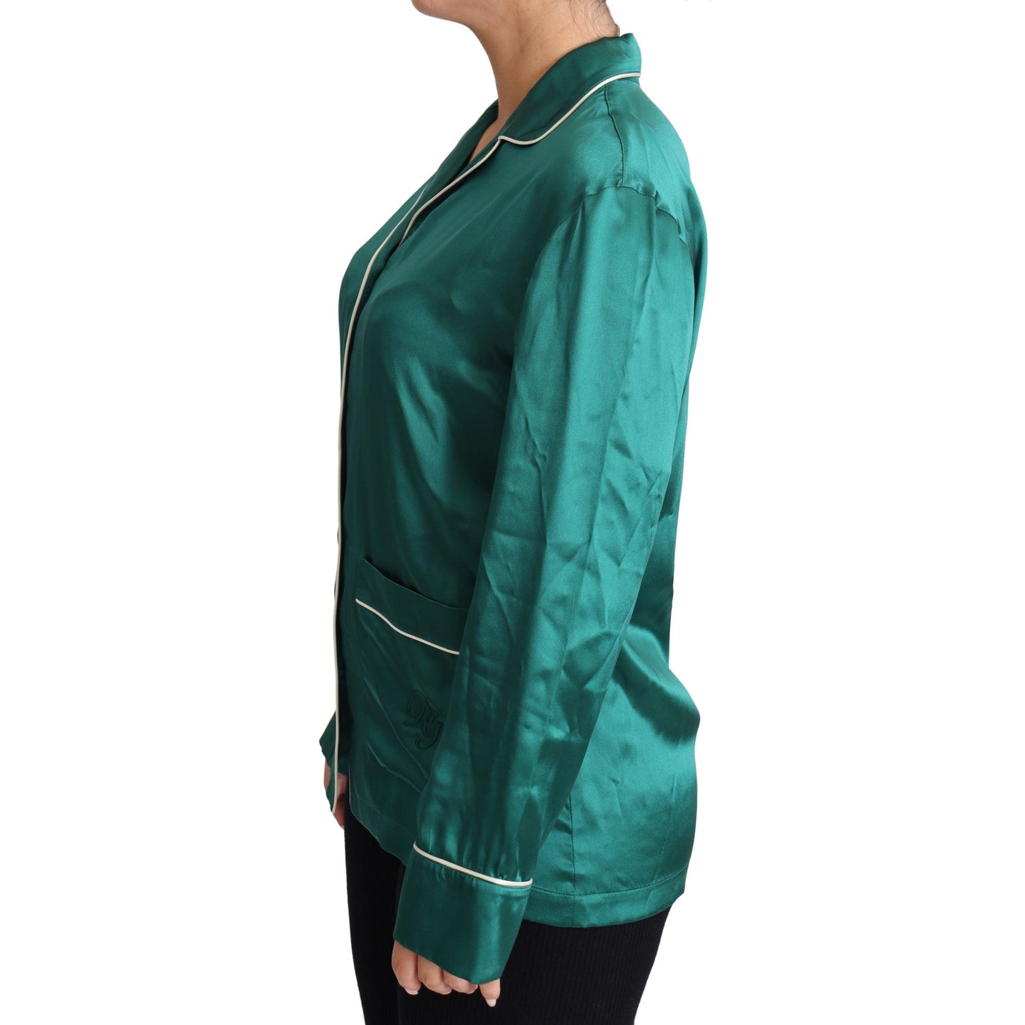 Green Pyjama Blouse Silk Lounge Sleepwear Top