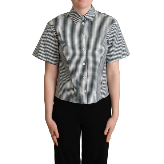White Green Cotton Check Shirt Blouse Top
