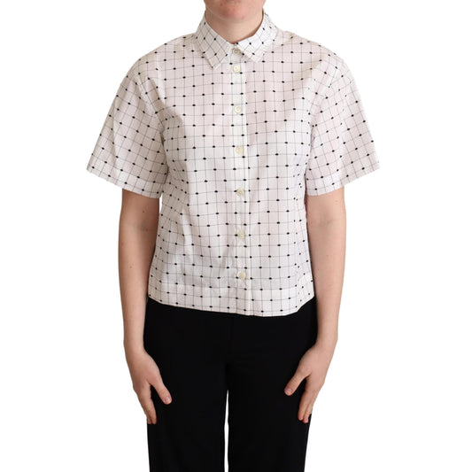White Polka Dot Cotton Collared Shirt Top