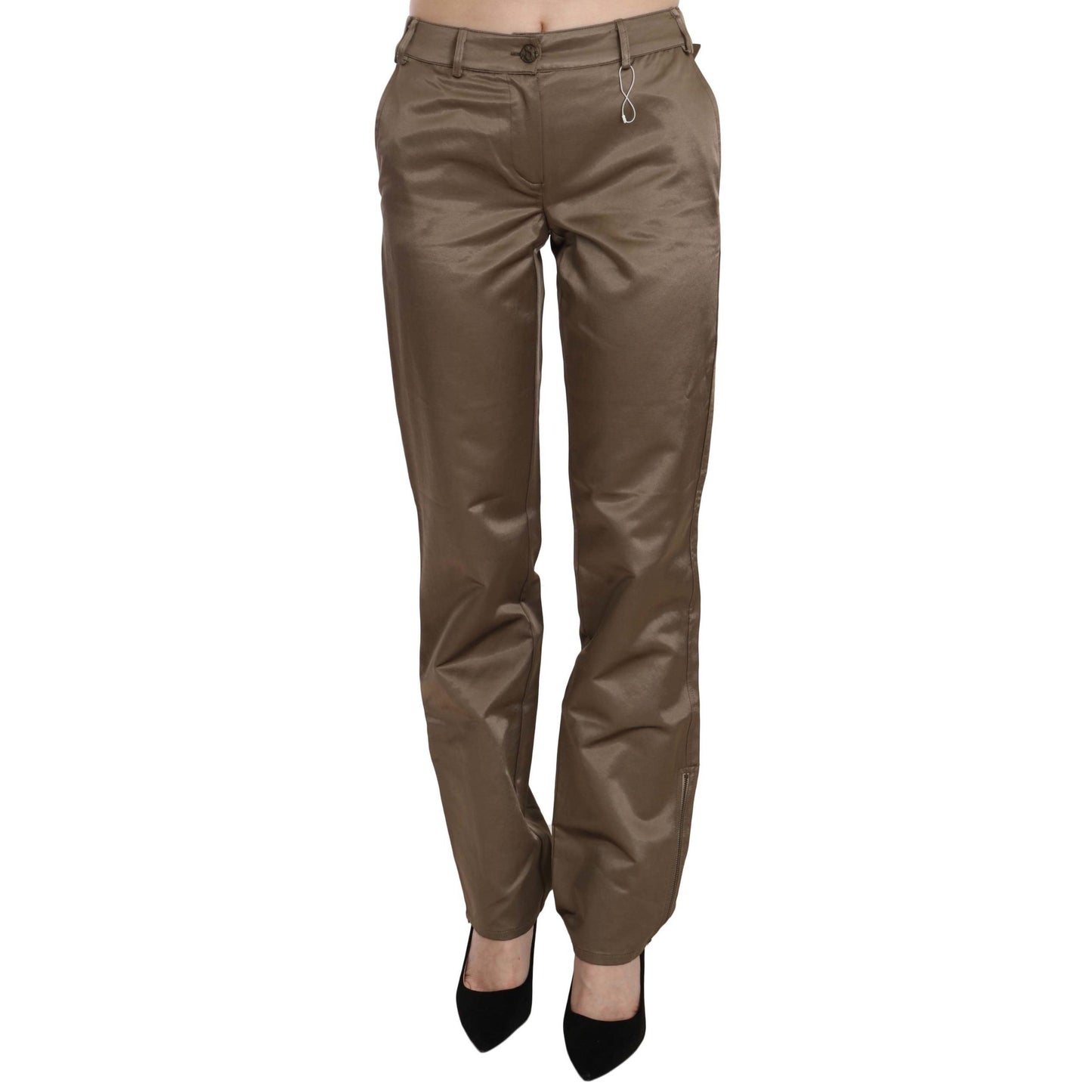 Brown Cotton Mid Waist Straight Pants