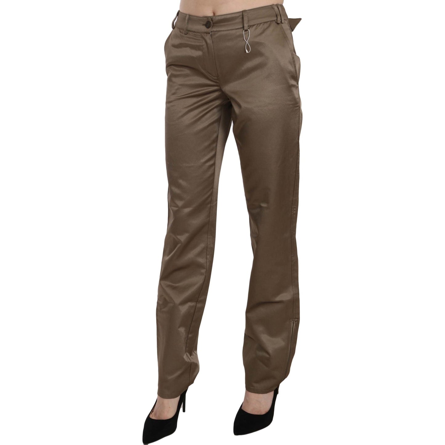Brown Cotton Mid Waist Straight Pants