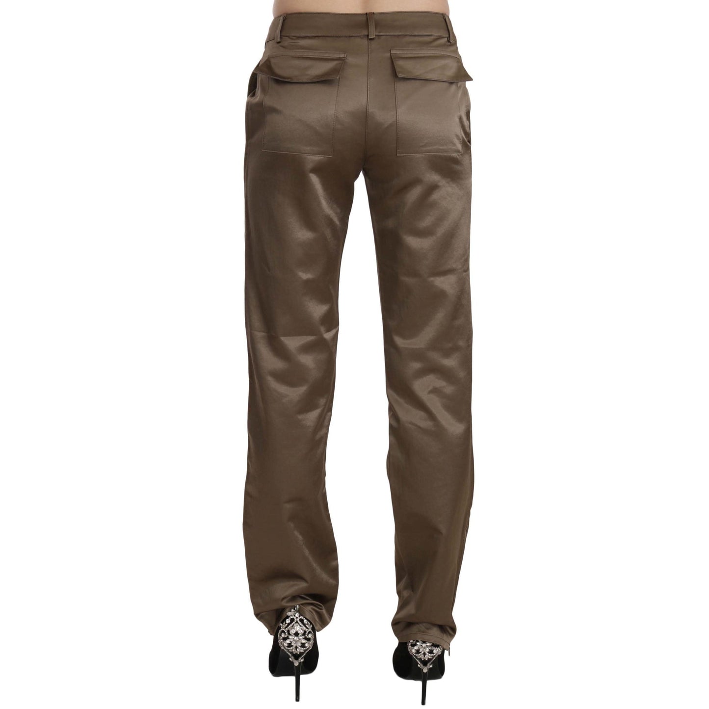 Brown Cotton Mid Waist Straight Pants