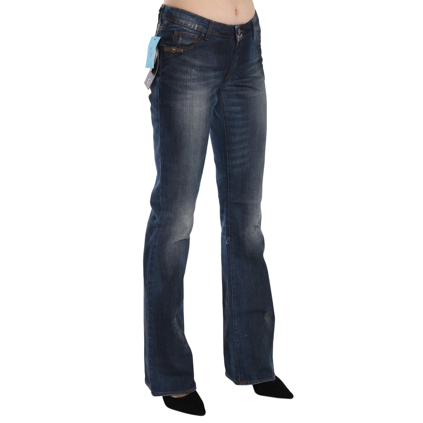 Blue Washed Cotton Mid Waist Boot Cut Denim Pants