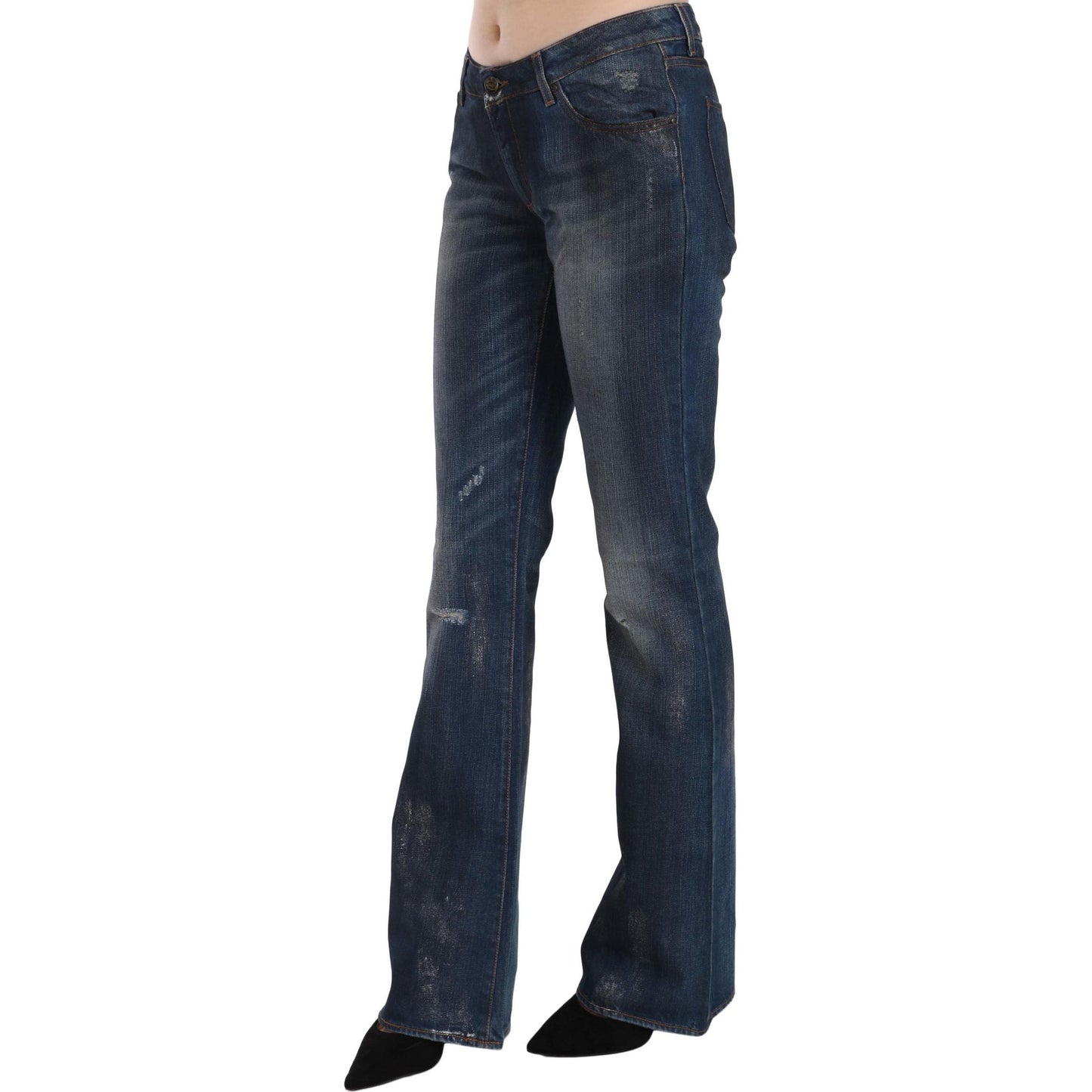 Blue Washed Cotton Mid Waist Boot Cut Denim Pants