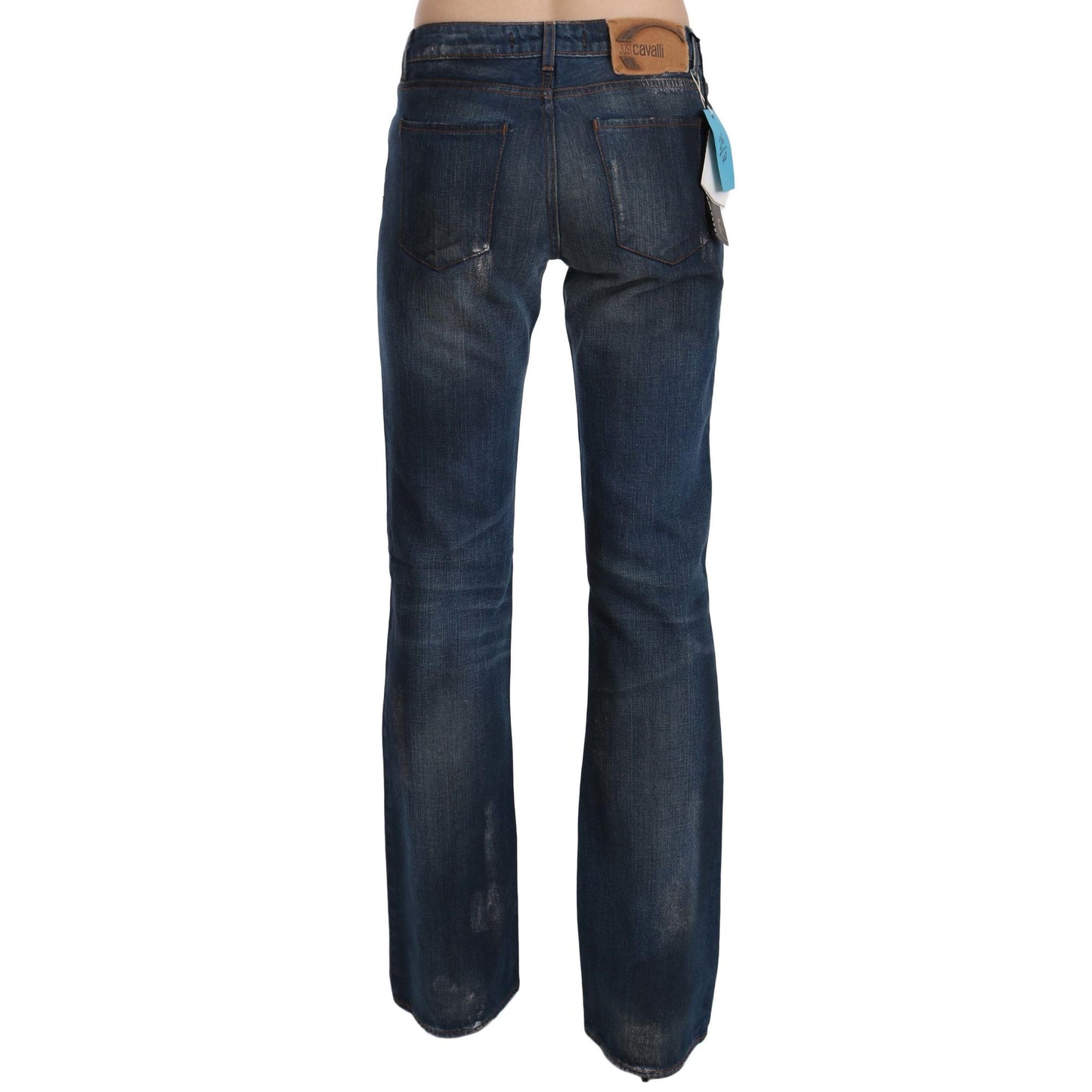 Blue Washed Cotton Mid Waist Boot Cut Denim Pants