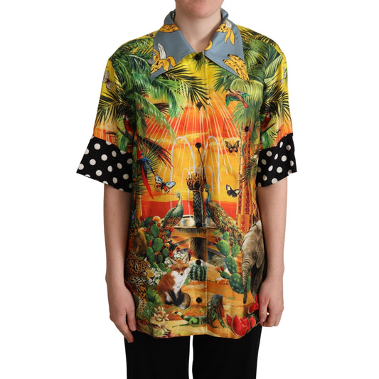 Multicolor Jungle Tropical Polka Dot Print Silk Shirt