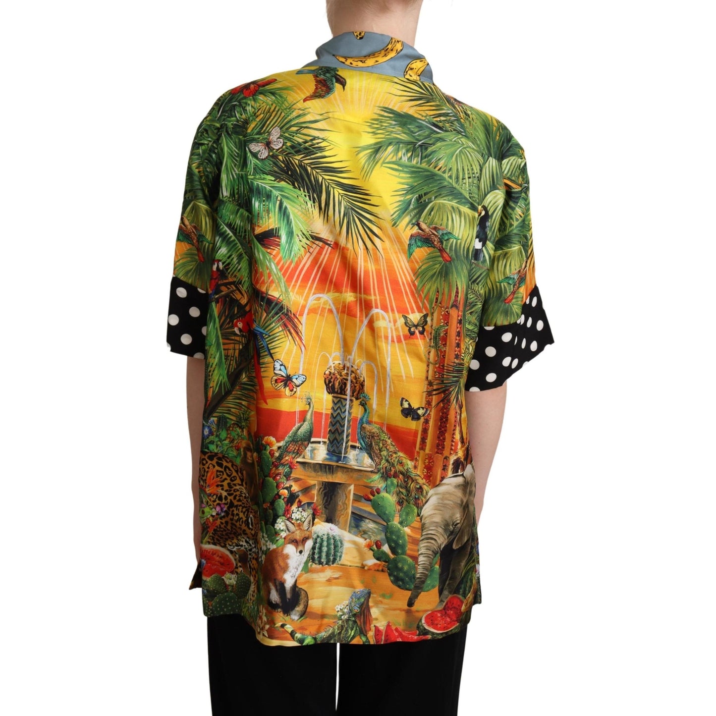 Multicolor Jungle Tropical Polka Dot Print Silk Shirt