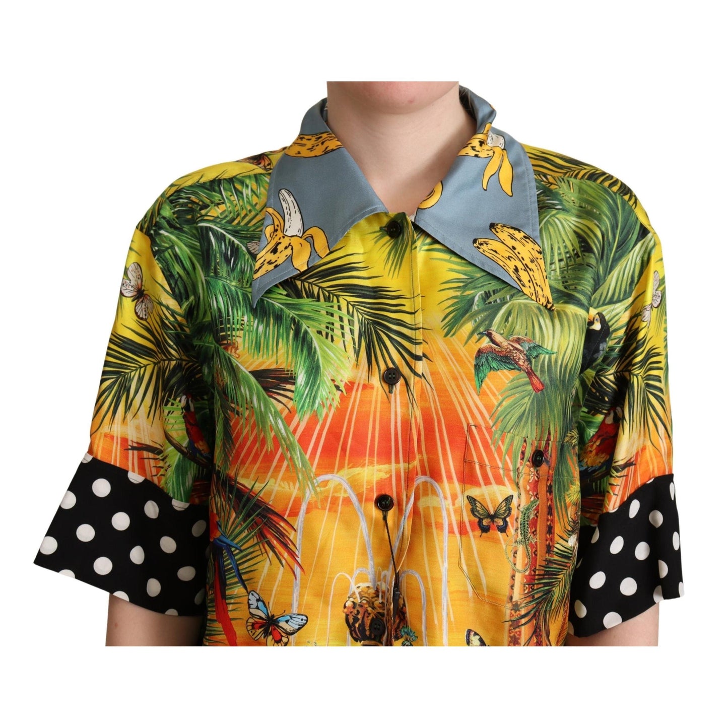 Multicolor Jungle Tropical Polka Dot Print Silk Shirt
