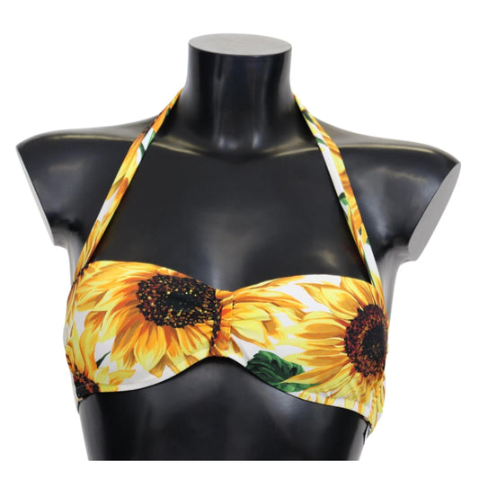 White Sunflower Print Nylon Swimwear Bikini Tops