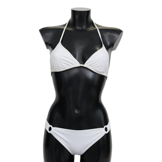 White Nylon Solid Halter Two Piece Swimwear Bikini