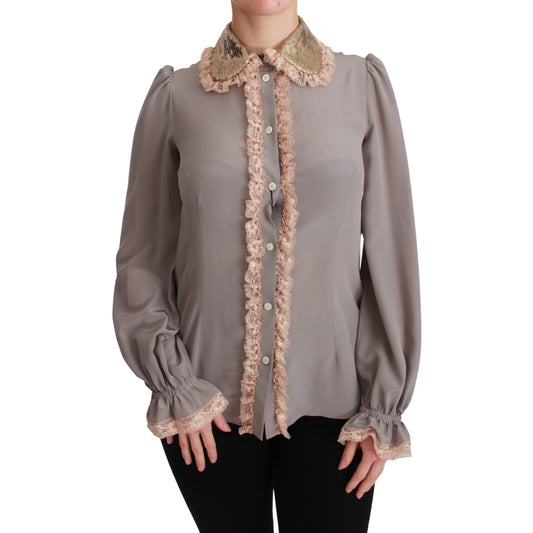 Gray Silk Gold Sequin Lace Blouse Shirt