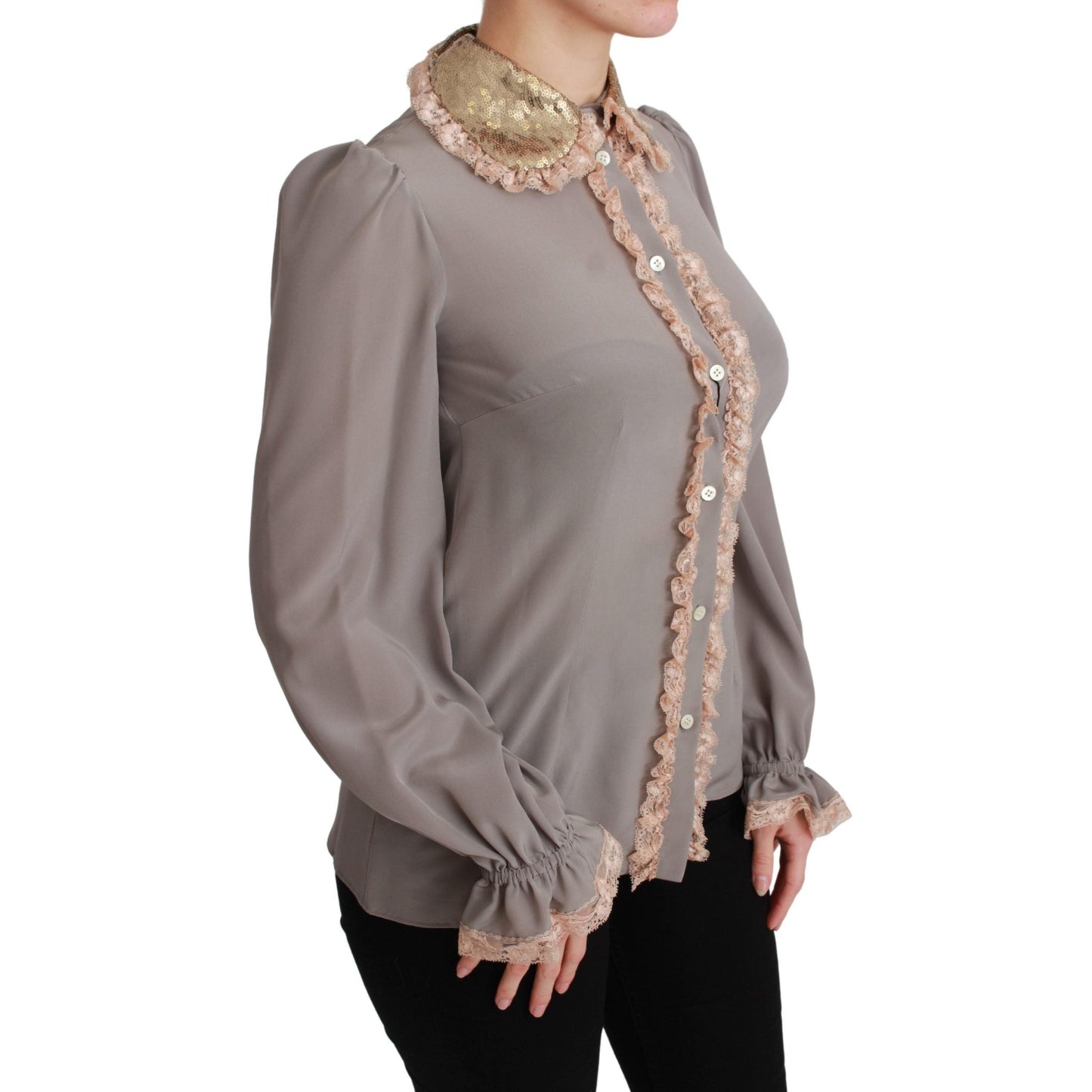 Gray Silk Gold Sequin Lace Blouse Shirt