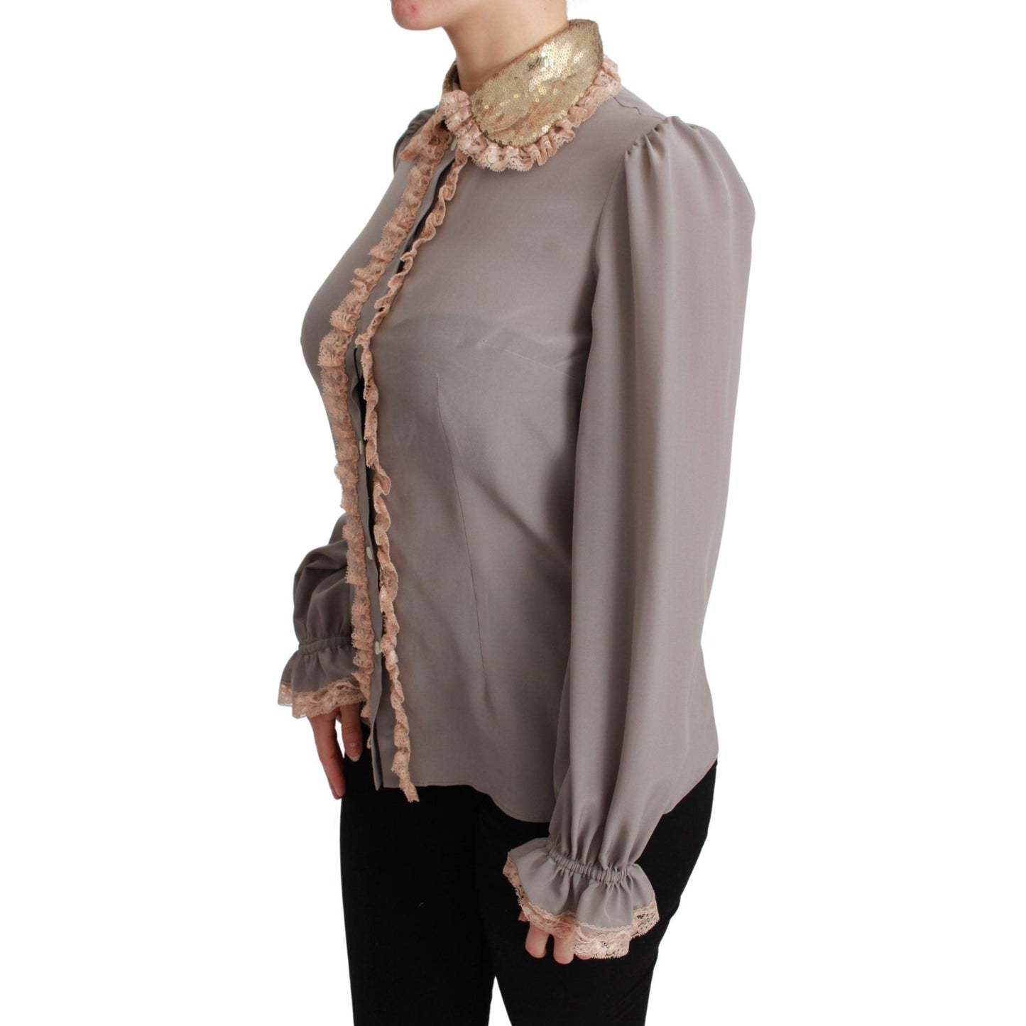 Gray Silk Gold Sequin Lace Blouse Shirt