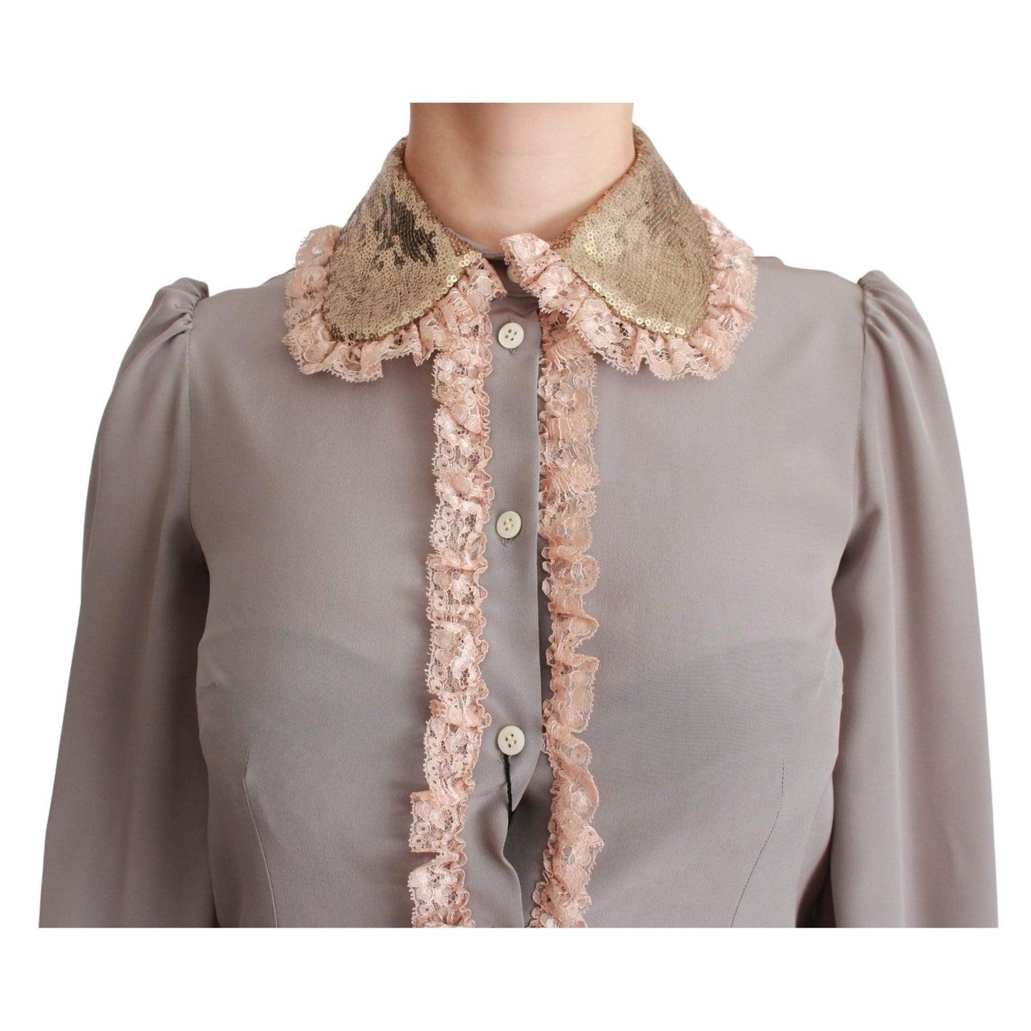Gray Silk Gold Sequin Lace Blouse Shirt