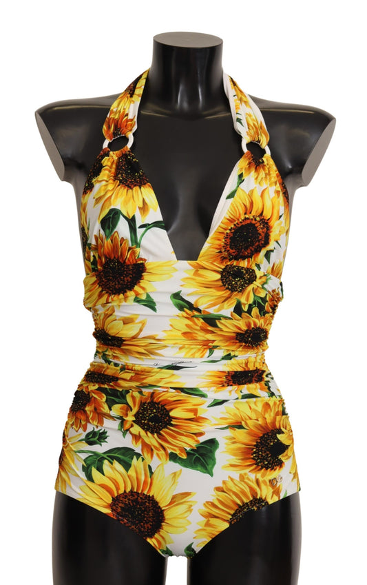 White Sunflower Halter One Piece Swimwear Bikini