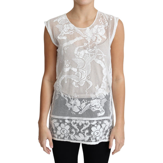 White Cotton Lace Floral Angel Motif Tank Top