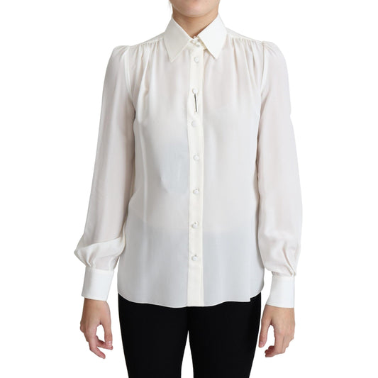 White Silk Crepe Shirt Crinkled Shoulders Top