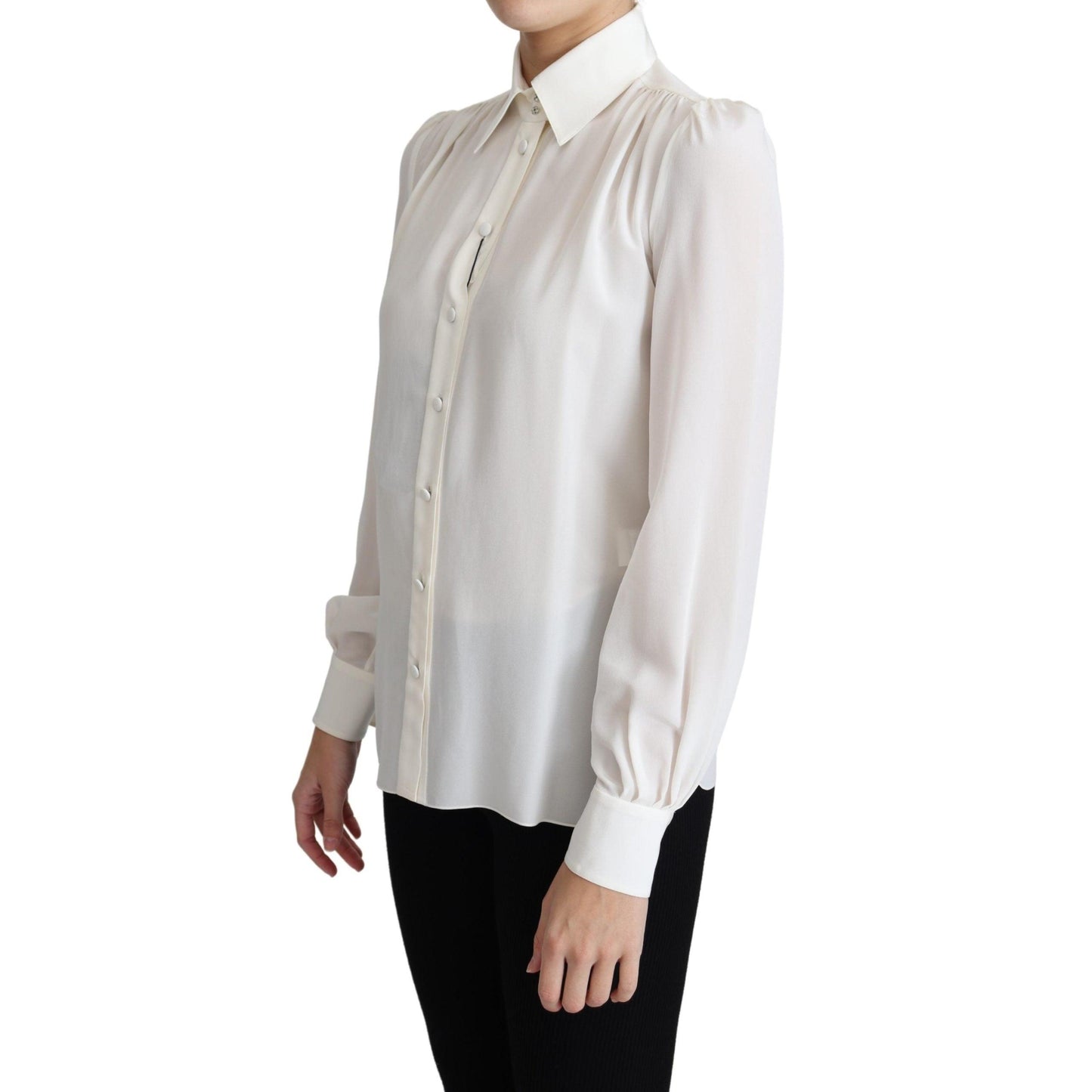 White Silk Crepe Shirt Crinkled Shoulders Top