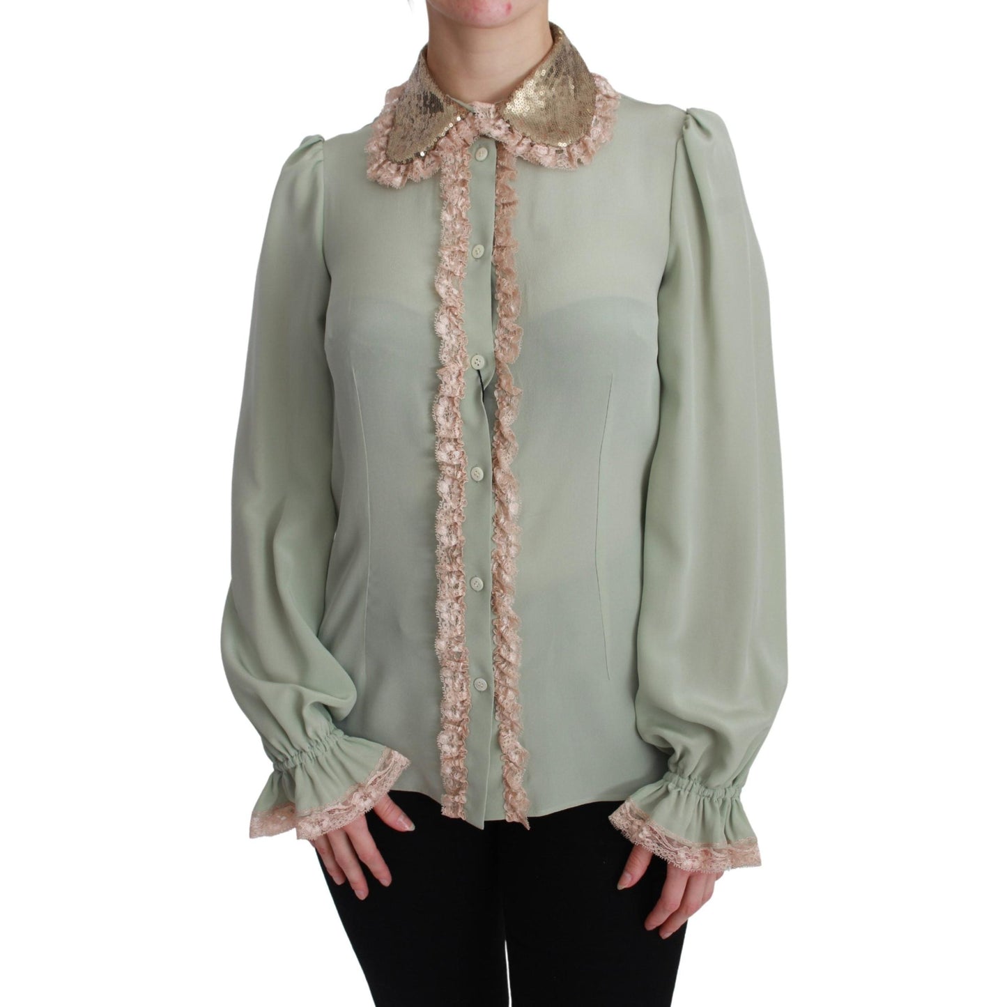 Mint Green Silk Sequin Lace Blouse Shirt