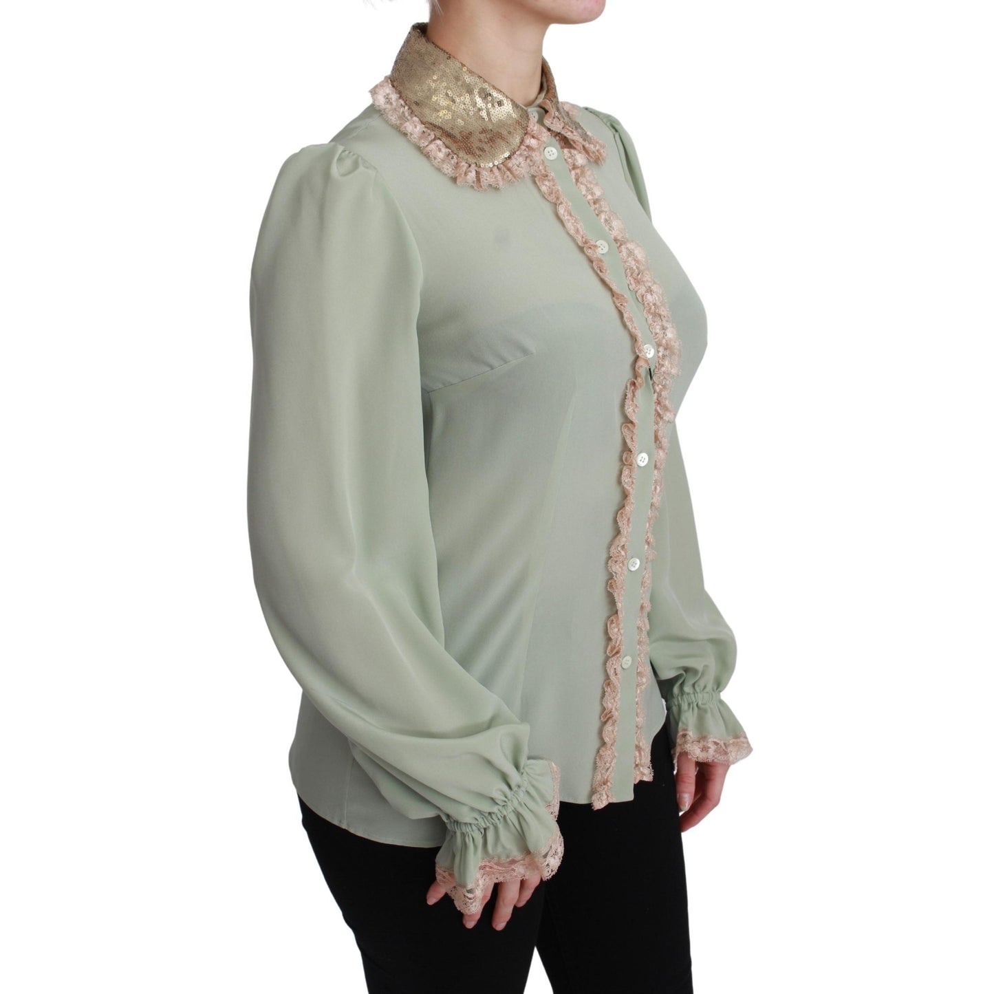 Mint Green Silk Sequin Lace Blouse Shirt