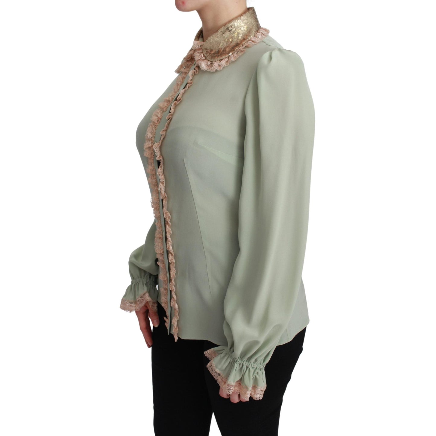 Mint Green Silk Sequin Lace Blouse Shirt