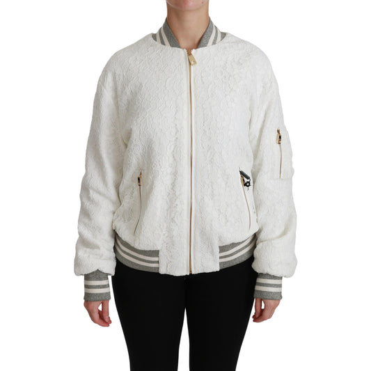 White Lace Full Zip Bomber Coat Cotton Jacket