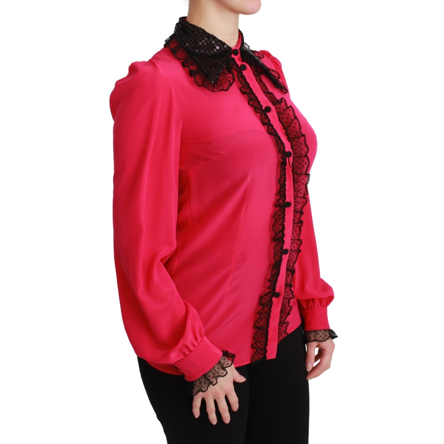 Pink Silk Black Sequin Lace Shirt Blouse