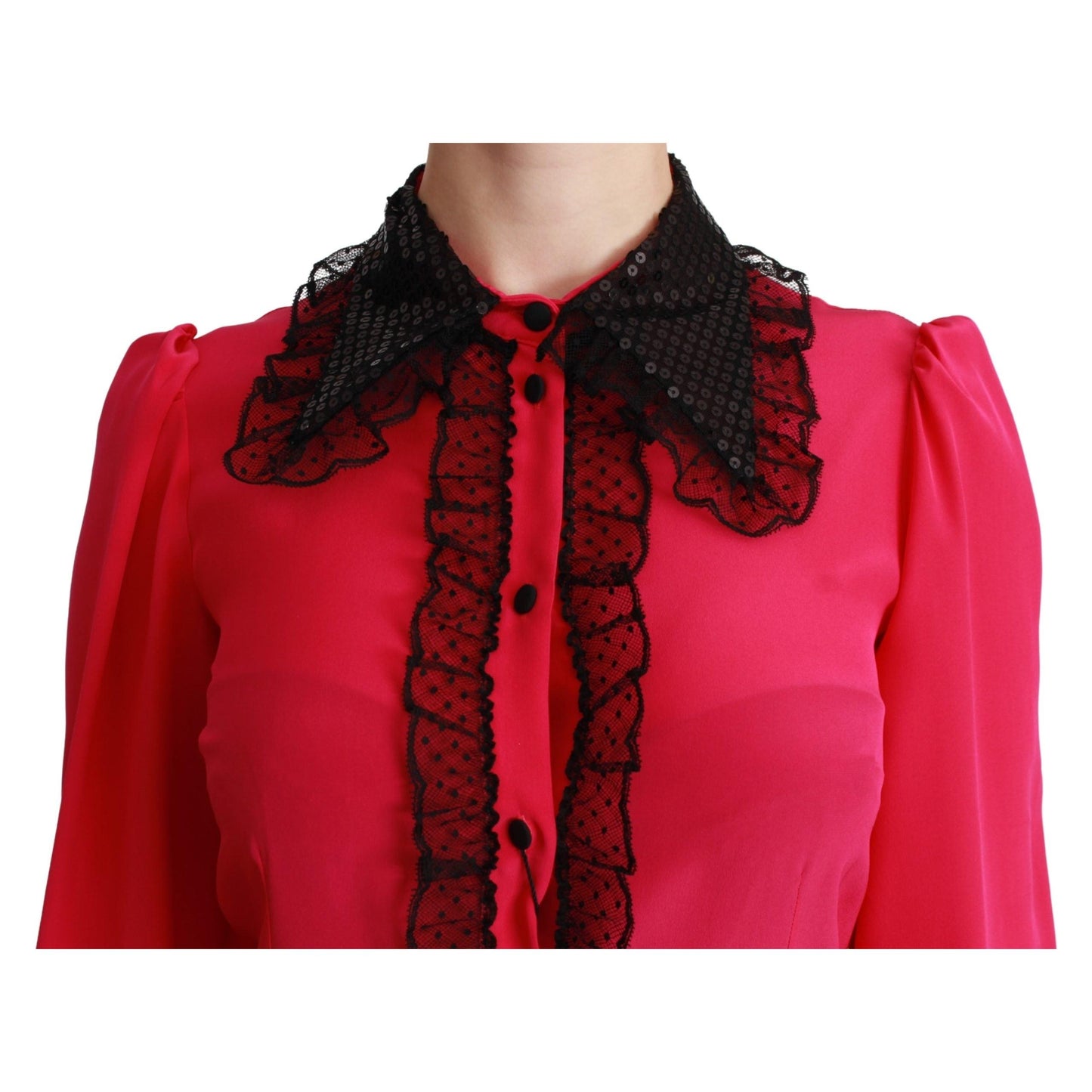 Pink Silk Black Sequin Lace Shirt Blouse