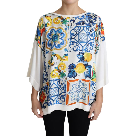 White Majolica Print Silk Oversized Top