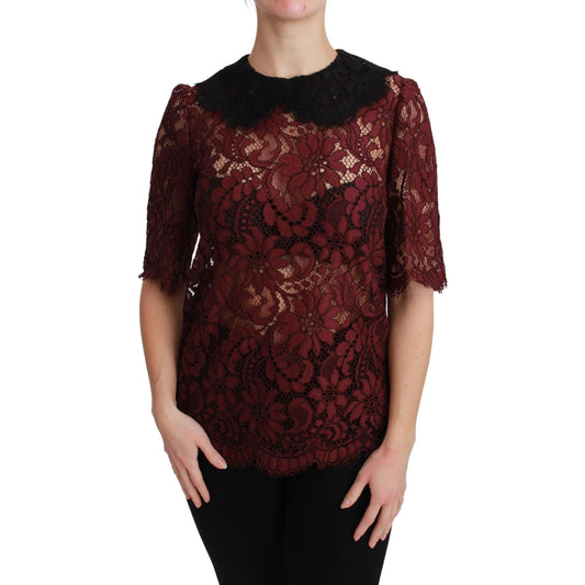 Maroon Floral Lace Elbow Sleeves Top Blouse