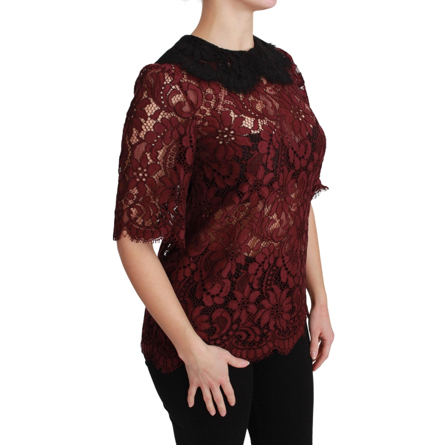 Maroon Floral Lace Elbow Sleeves Top Blouse