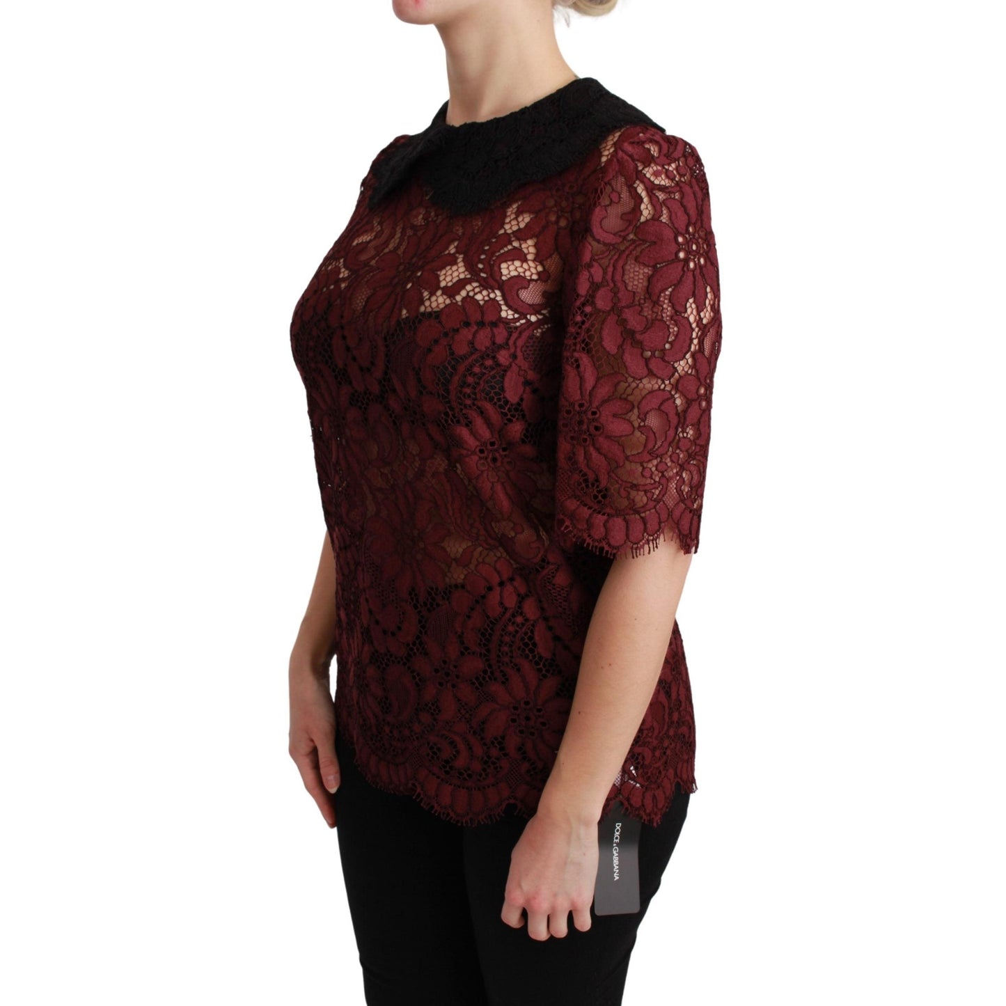 Maroon Floral Lace Elbow Sleeves Top Blouse
