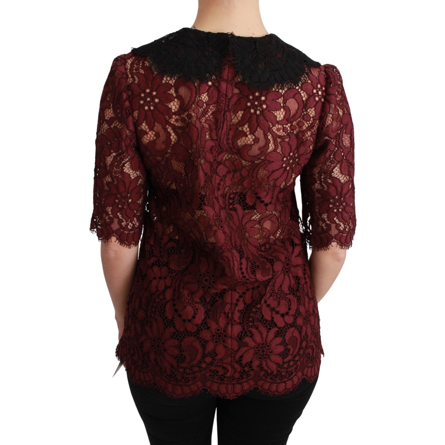 Maroon Floral Lace Elbow Sleeves Top Blouse