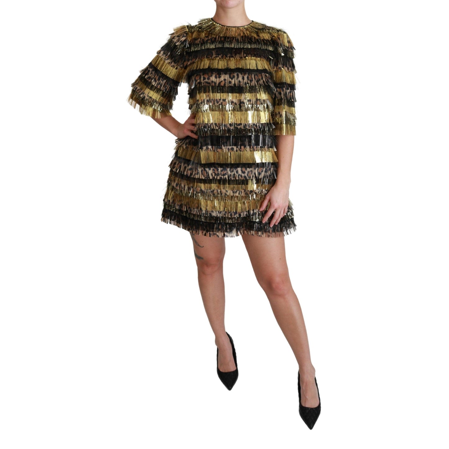 Polyester Black Gold Leopard Shift Mini Dress