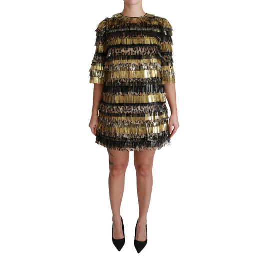 Polyester Black Gold Leopard Shift Mini Dress