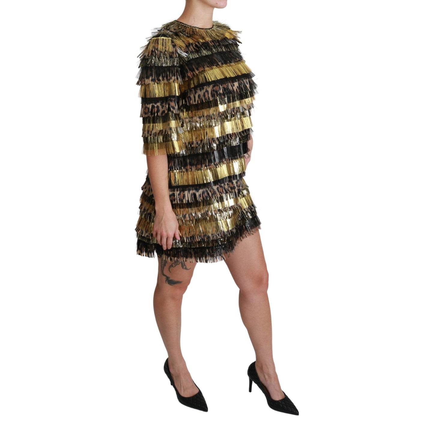 Polyester Black Gold Leopard Shift Mini Dress