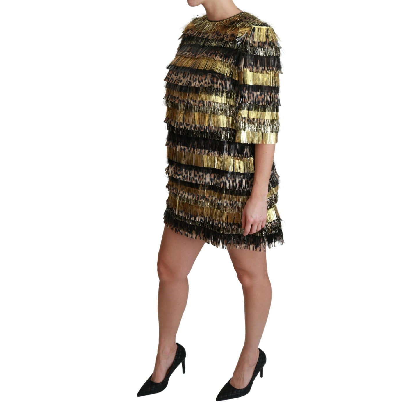 Polyester Black Gold Leopard Shift Mini Dress