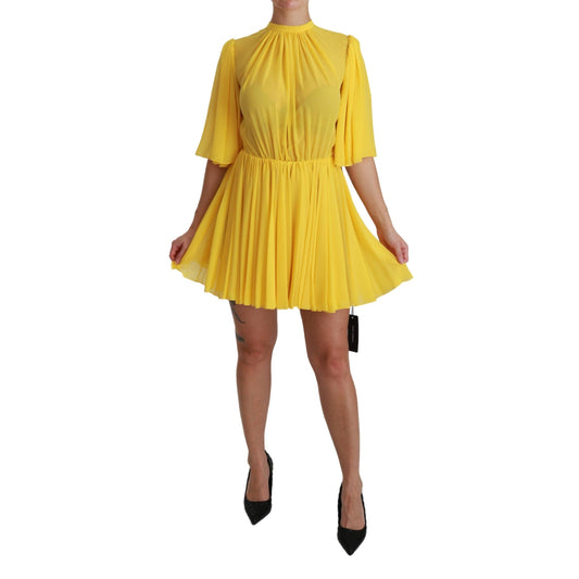 Yellow Pleated A-line Mini 100% Silk Dress