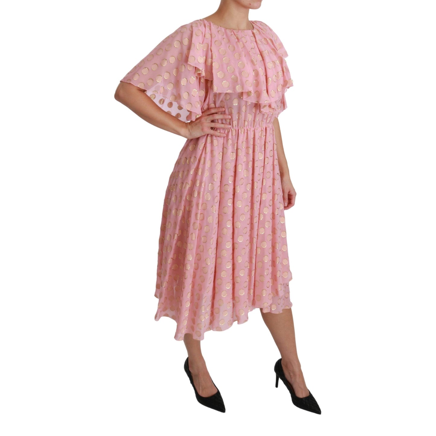 Silk Pink Polka Dots Pleated A-line Midi Dress